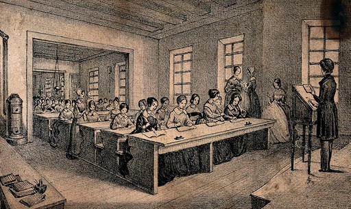 J. B. Sonde, "A Sala de aula", litografia, s.d., Wellcome Collection. Domínio público, licença de reuso CC BY 4.0