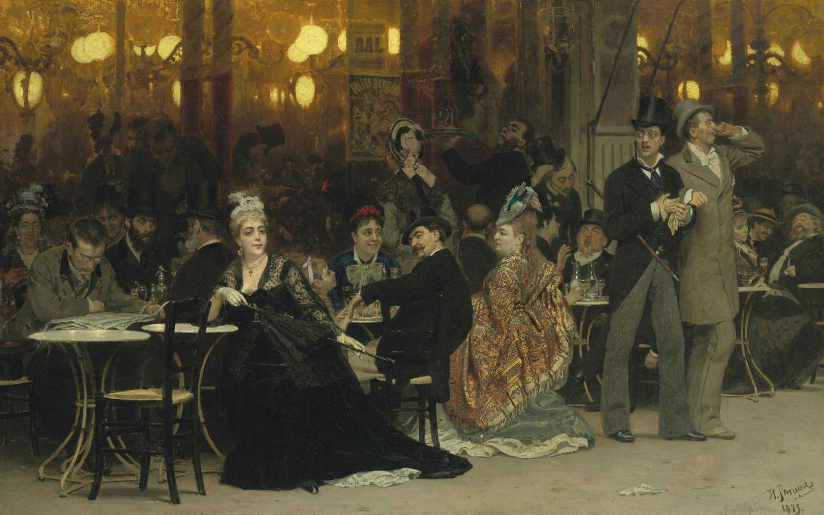 Ilya Repin, 'Um café parisiense', 1875. Óleo sobre tela, 20.6 x 191.8 cm, col. particular.