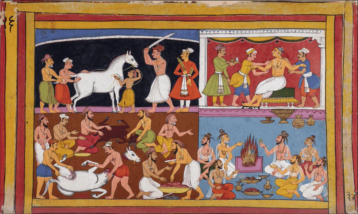 Sacrifício de cavalo, Mewar Ramayana, 1649, Biblioteca Britânica