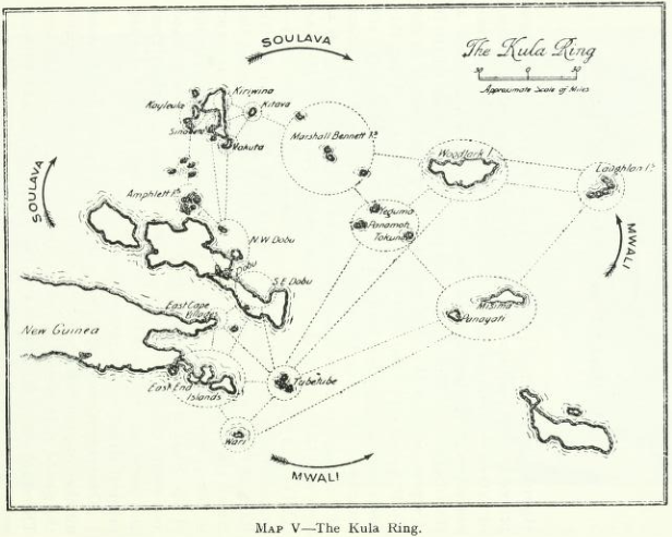 Bronislaw Malinowski, "O anel do Kula", Argonautas do Pacífico Ocidental, 1922, mapa V.