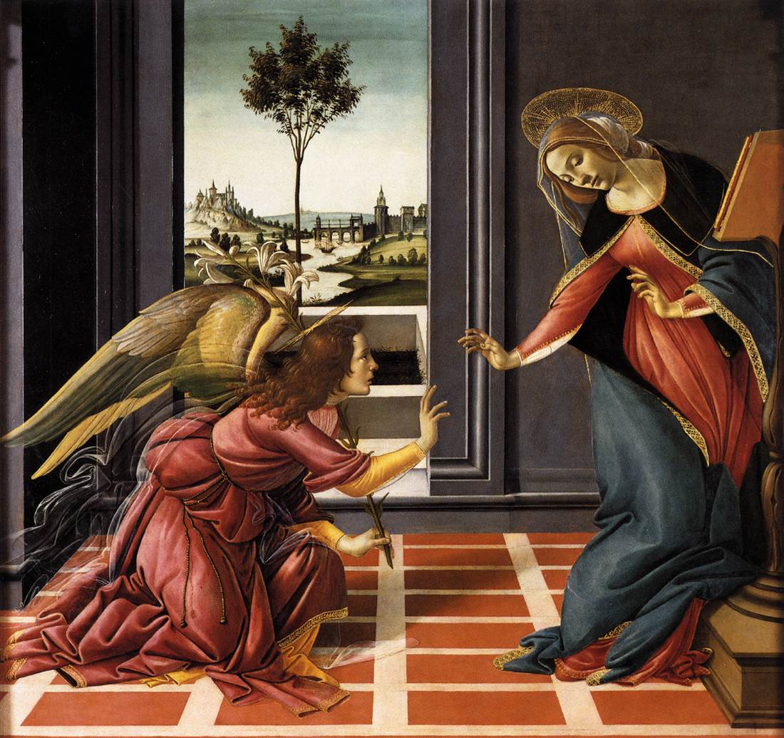 Sandro Botticelli, "Anunciação de Cestello", 1489-90. Têmpera sobre madeira, 150 x 156cm. Galeria Uffizi, Florença.