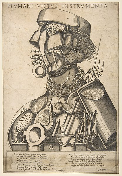 Giovanni da Monte Cremasco, à maneira de Giuseppe Arcimboldo, "Humani Victus Instrumenta", c. 1569. Gravura. Metropolitan Museum of Art, Nova York. CC0 1.0. Imagem em domínio público.
