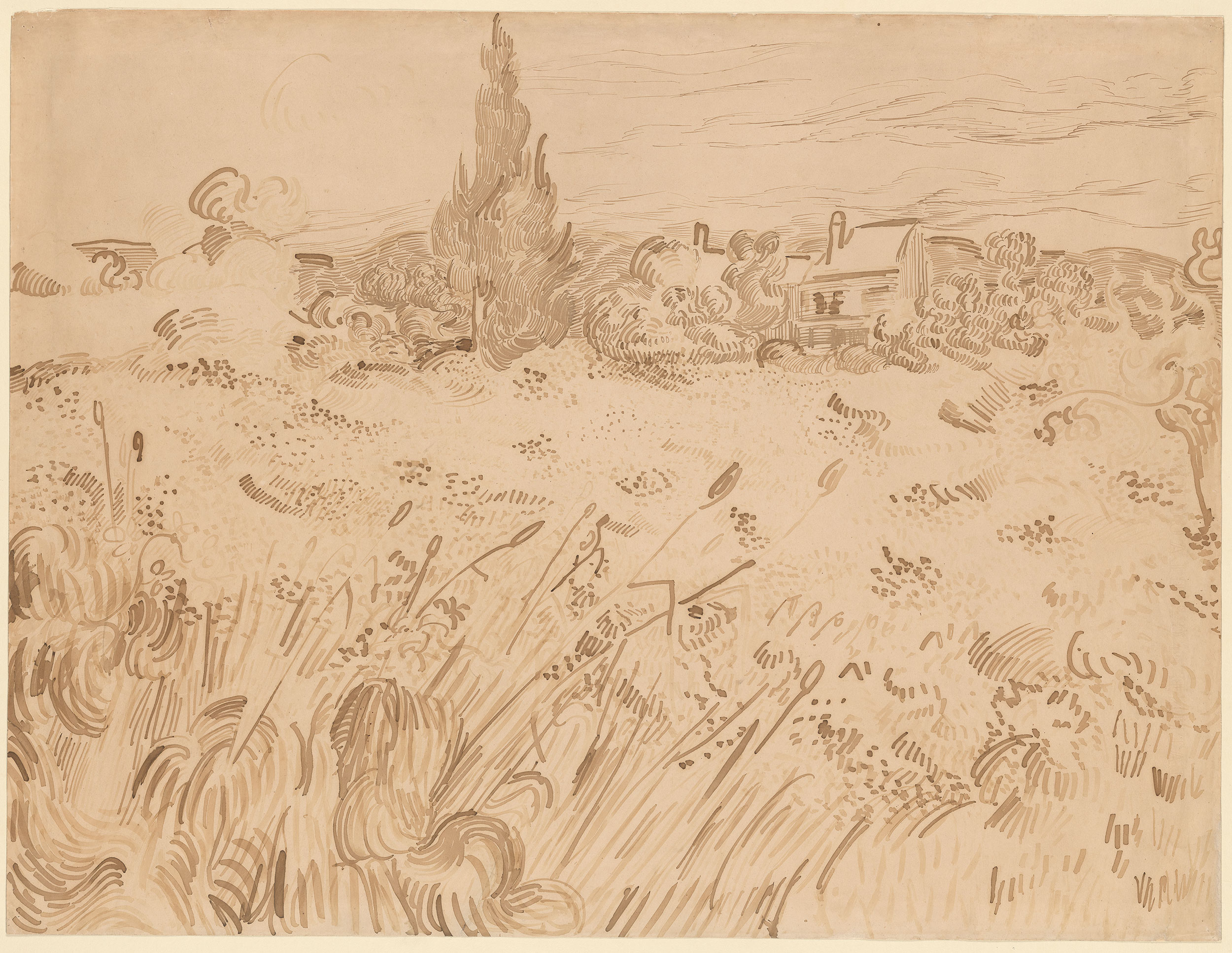 Vincent van Gogh, "Campo de trigo, Saint-Rémy de Provence", 1889. Tinta sobre papel, 466 x 615 mm. The Morgan Library & Museum, Nova York. Imagem em domínio público. 