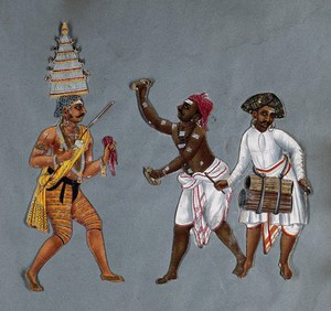 Pintor anônimo de Thanjavur, Índia. Um exorcista, com dois homens tocando pratos e tambores, [1815?]. Guache, tinta, ouro sobre papel, 24,5 x 26 cm. Wellcome Collection, Londres. Imagem em domínio público.